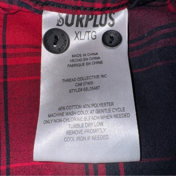 📌Surplus Thread Collective Red Black Plaid Button Shirt Men’s XL Flannel Style - Picture 7 of 8
